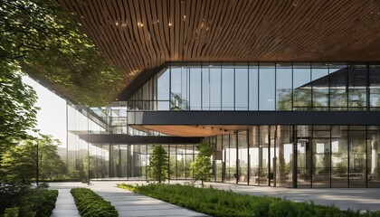 Fototapeta na wymiar Green environment and trees in sustainable building: Eco-friendly glass office design