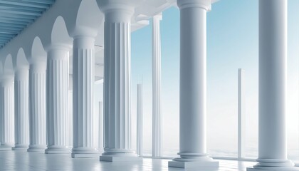 Tilted columns in beautiful airy widescreen, minimalistic white and light blue architectural background banner