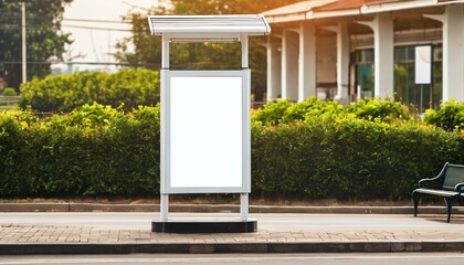 Empty white blank billboard digital sign poster mockup on rural bus stop street for advertising, marketing, and template