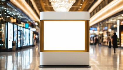 Shopping centre gallery with digital media blank black and white screen modern panel, signboard for advertisement design, mockup with blurred background, digital kiosk