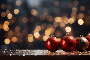 Christmas sparkling gold and red balls with glitter lights and blurred background. Festive mockup banner with creative bauble decoration and copy space.