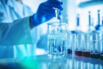 A dedicated scientist in a laboratory meticulously analyzes a blue substance within a beaker, contributing to medical research for pharmaceutical discovery and the advancement of biotechnology in heal