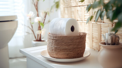 Basket with paper rolls on ceramic toilet bowl in modern bathroom.generative ai