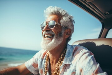 A joyful bearded senior man savors a summer road trip in Italy, reveling in the luxury cabrio adventure that epitomizes a lifestyle of wealth and freedom.
