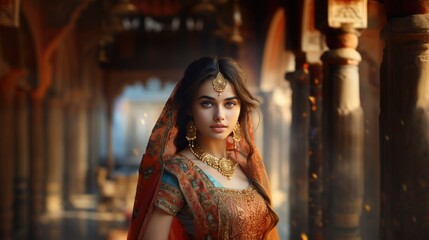 Portrait of beautiful indian girl in traditional Indian costume with kundan jewelry.