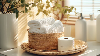 Obraz na płótnie Canvas Basket with paper rolls on ceramic toilet bowl in modern bathroom.generative ai