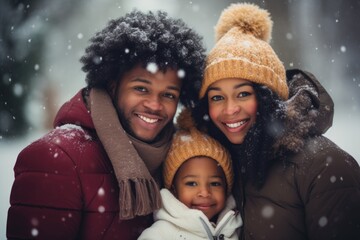 Young happy african american family during winter and snow outside portrait