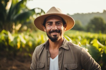 Portrait of a mexican farmer working on an organic farm field in the countryside