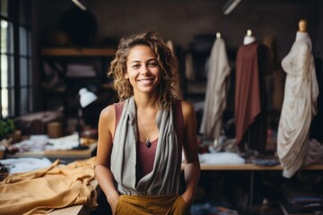 Obraz na płótnie Canvas Young happy female caucasian fashion designer in a Atelier