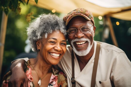 Happy Senior African American Couple Camping In A Forest With A Tent