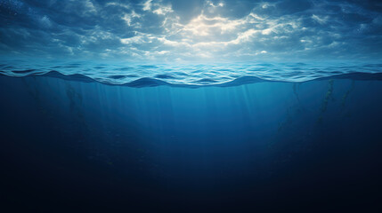 Sunlight shining through calm blue water of a deep sea. Cross section of a quiet underwater landscape with ripples on the surface of water. - obrazy, fototapety, plakaty