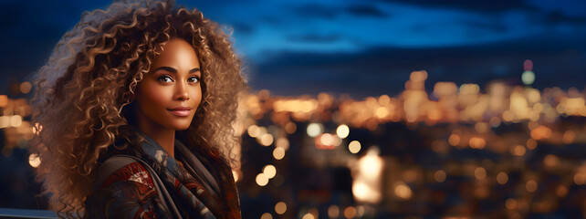 Young, beautiful African American glamorous woman at a rooftop terrace with view at night city, nightlife in big city concept