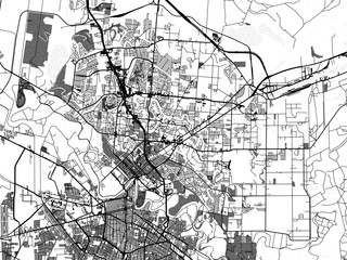 Greyscale vector city map of  Brownsville Texas in the United States of America with with water, fields and parks, and roads on a white background.