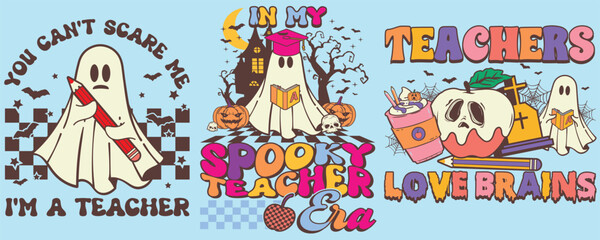 Retro Halloween Groovy Ghosts Teachers Bundle for Halloween Day Spooky Teachers Retro Designs Set for T-shirts and Graphic Designs
