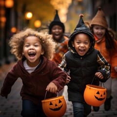 Children running with pumpkin buckets on Halloween's day - obrazy, fototapety, plakaty