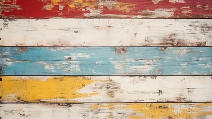Texture of vintage wood boards with cracked paint of white, red, yellow and blue color. Horizontal retro background with wooden planks of different colors See Less