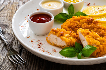 Seared breaded chicken nuggets with mustard, mayonnaise and ketchup on wooden table