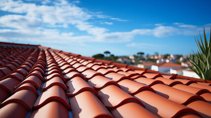 photograph of New Roof, Close-up of red roof tiles against blue sky.generative ai