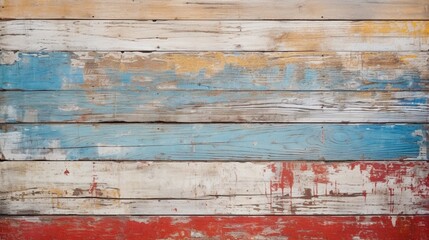 Texture of vintage wood boards with cracked paint of white, red, yellow and blue color. Horizontal retro background with wooden planks of different colors See Less - obrazy, fototapety, plakaty