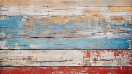 Zelfklevend Fotobehang Texture of vintage wood boards with cracked paint of white, red, yellow and blue color. Horizontal retro background with wooden planks of different colors See Less © Bea