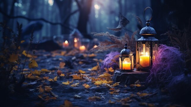 Fabulous night forest scene with magic candle mysterious theme