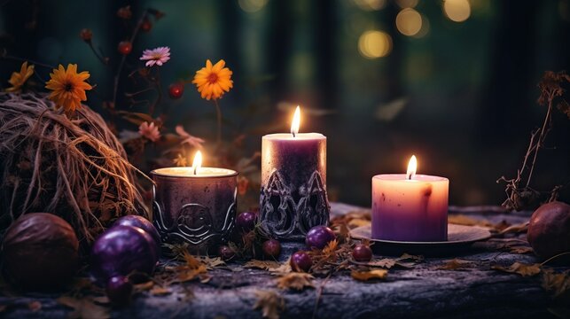 Fabulous night forest scene with magic candle mysterious theme
