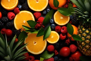 a heaped mountain with fresh fruit of many different varieties, white background, Generative AI