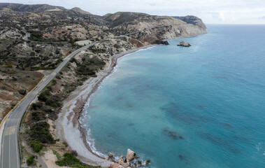 Drone aerial of scenic highway coastline route . Mediterranean sea Paphos Cyprus. Exploration and adventure