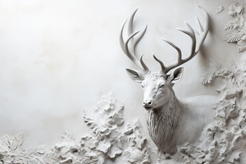 A close-up photo of a reindeer low relief sculpture on a snowy white background with empty space for text 