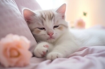 ブランケットの上ですやすや眠る可愛い子猫　猫の平穏な日常生活