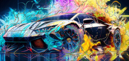 Iillustration of a futuristic sports car surrounded by colorful splashes.