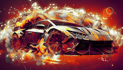 Sports car on red background surrounded by abstract elements.