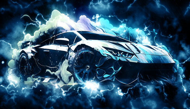 Illustration of a futuristic sports car surrounded by blue lightnings.