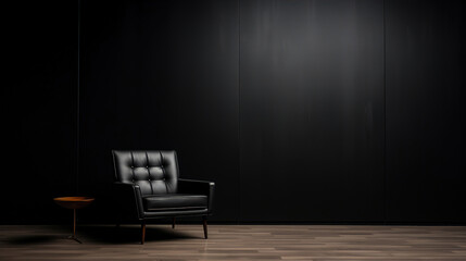 Black chair in an empty dark room, studio lighting, generative ai