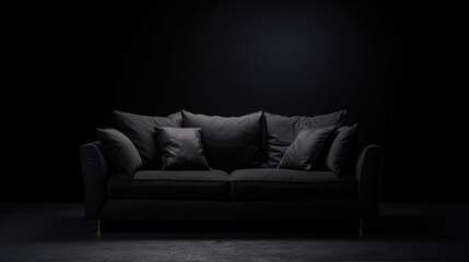 Black sofa in a dark studio, isolated on black background, generative ai