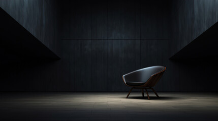 Black chair in an empty contemporary dark room, studio lighting, generative ai
