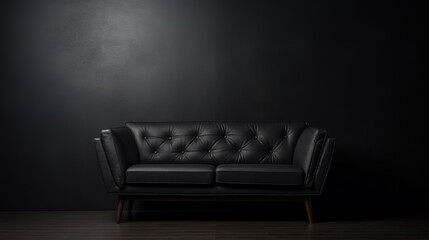 Black leather sofa in a dark room with studio lighting, isolated on black background, generative ai