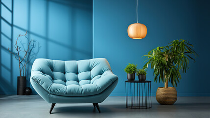 Small blue sofa in a blue room surrounded by flower pots, ceiling lamp. Generative ai