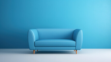 Small blue sofa isolated in a blue room, white floor. Generative ai