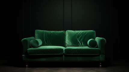 Green sofa in a dark room, isolated on black background, generative ai