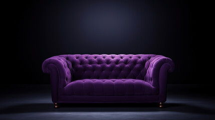Purple sofa in a dark room with studio lighting, isolated on black background, generative ai