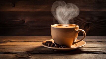 Traditional Coffee Cup With Heart-Shaped Steam On Rustic Wood