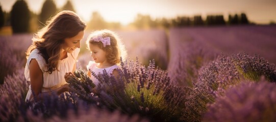 Young mother with little daughter are in a blooming lavender field. Family of two has fun together.