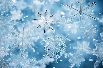 Delicate snowflakes dance on icy blue backgrounds creating a mesmerizing low relief in a winter...