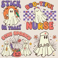 Ghost Nurse Boo Spooky Nurses Halloween Graphics Set for T-shirt Designs, Retro Vintage Phantoms
