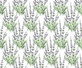Lavender bouquets with leaves on white background, watercolor seamless pattern for wallpapers, wrapping paper, fabric, textile, product packaging etc.