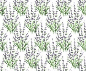 Lavender bouquets with leaves on white background, watercolor seamless pattern for wallpapers, wrapping paper, fabric, textile, product packaging etc.