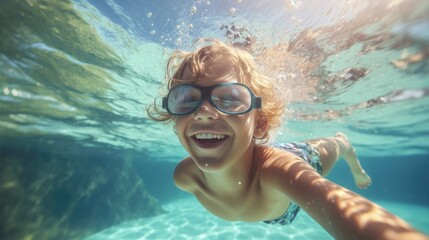Cute smiling boy having fun swimming and diving in the pool at the resort on summer vacation. Sun shines under water and sparkling water reflection. Activities and sports to happy kid..