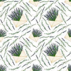 Seamless pattern from lavender sprigs and bouquets in envelopes on white background, hand drawn marker illustration in watercolor technique for wallpapers, backgrounds, wrapping paper, fabric, textile