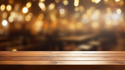 Empty table in front of christmas tree with decorations background. For product display montage
